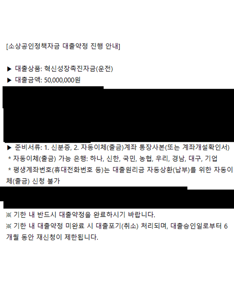 정책자금 승인 기록(개인정보 가림)