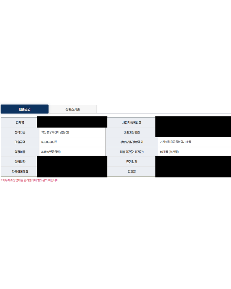 정책자금 승인 기록(개인정보 가림)